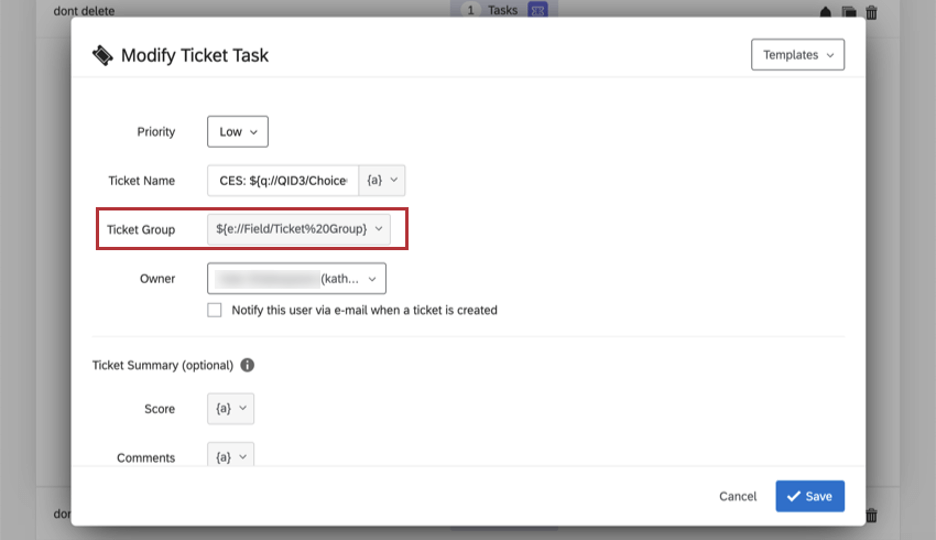 Campo etiquetado como grupo de ticket en la ventana de creación de tarea de ticket