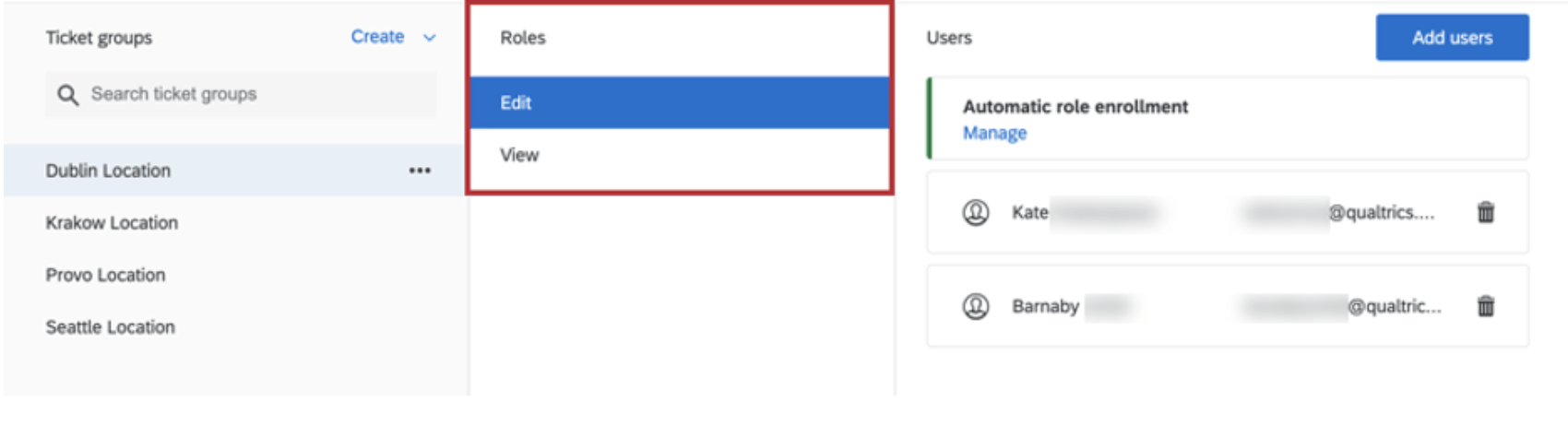 Il gruppo di ticket è stato aperto in modo da poter vedere i permessi a destra