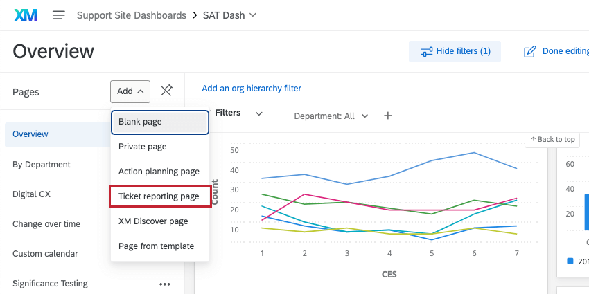 Opção de página de Tíquete no canto superior esquerdo do dashboard