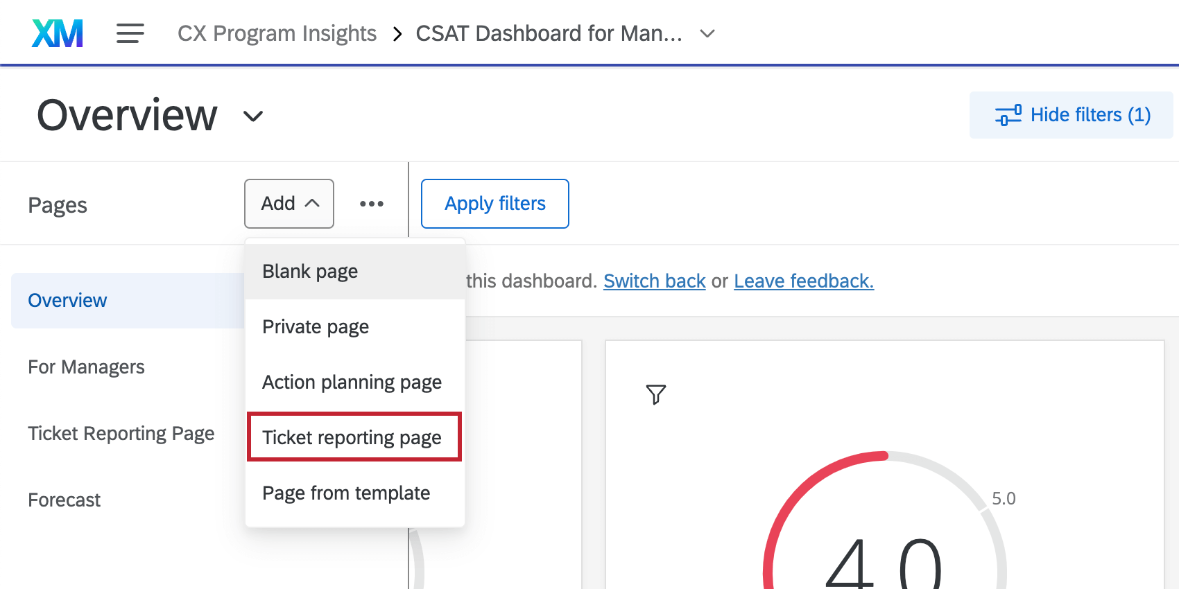 Opzione pagina ticket in alto a sinistra nella Pagina dashboard