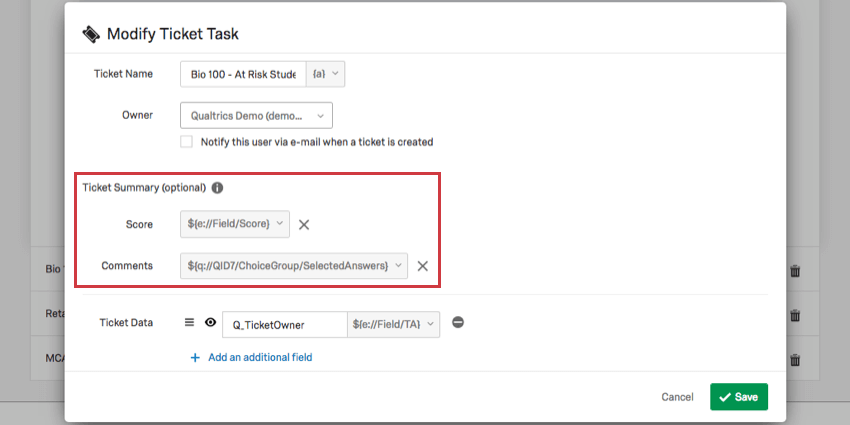 Ticket summary section when building a ticket