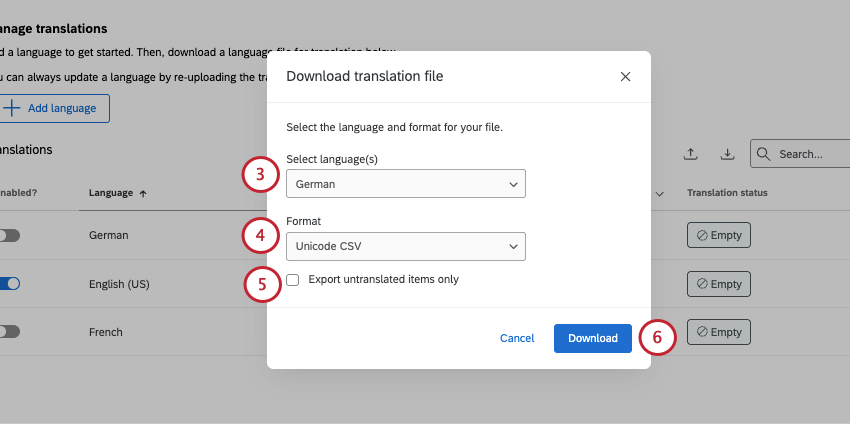 nouvelle fenêtre dans laquelle vous sélectionnez la langue que vous souhaitez exporter et le format dans lequel vous souhaitez lexporter
