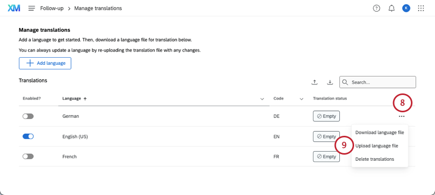 menu expanded next to the language and upload highlighted