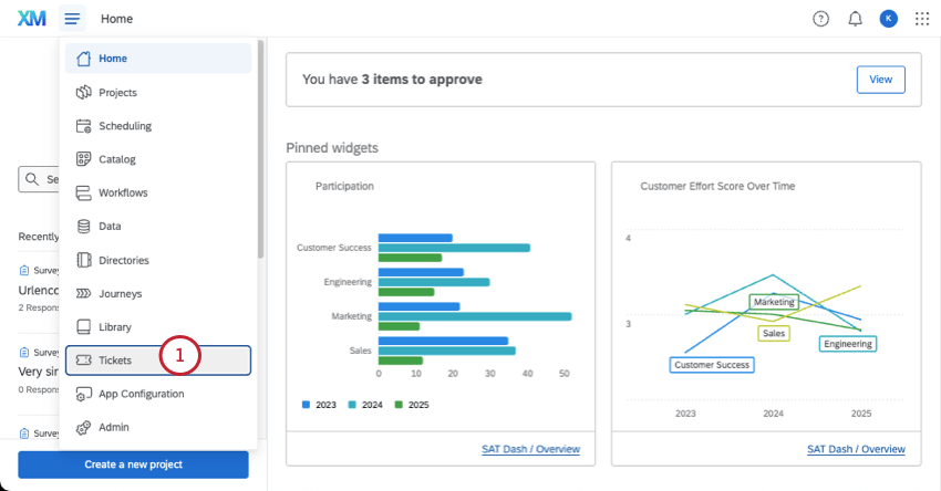 cliquer sur la barre de navigation globale et sélectionner Tickets