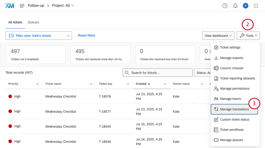 on the follow-up tickets page, using tools menu to manage languages