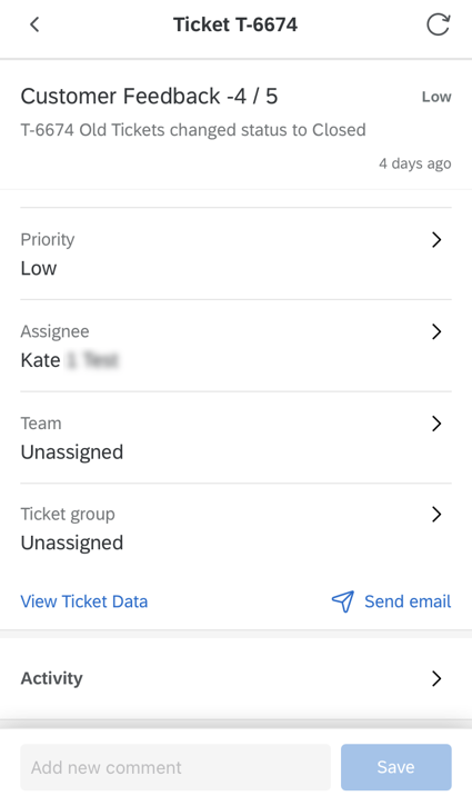 Tíquete no aplicativo XM, permite enviar e-mails, deixar comentários, alterar status e muito mais
