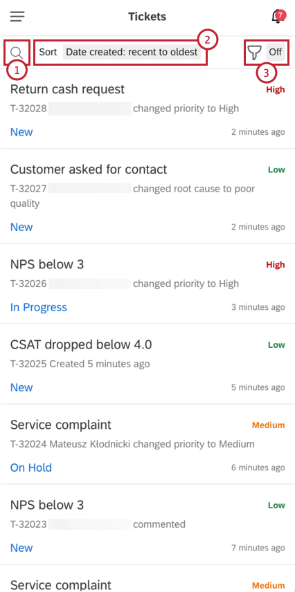 Ticketing in der XM Mobile App mit den oben hervorgehobenen Such-, Sortier- und Filteroptionen