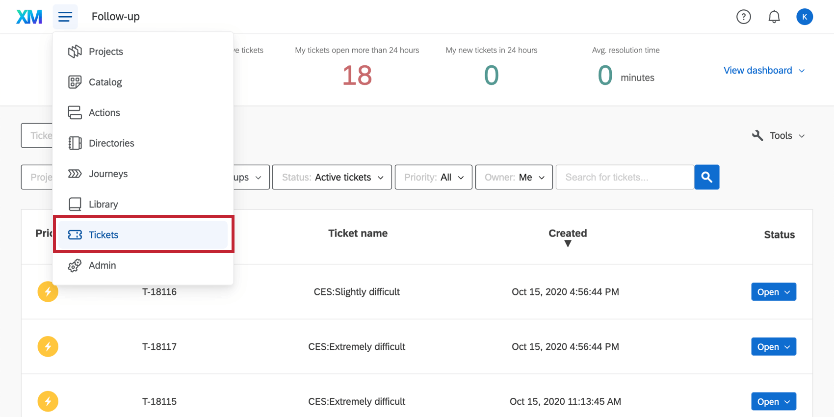 The global navigation is expanded and Tickets is selected