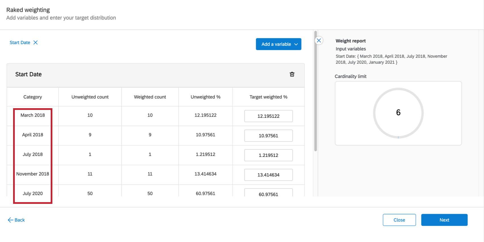 Variable split into months, so we see the options are March 2020, April 2020, et cetera