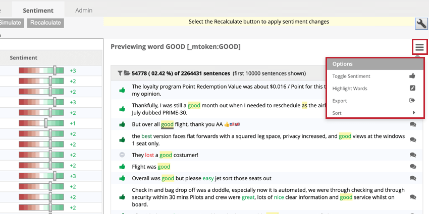 the sentiment preview option dropdown