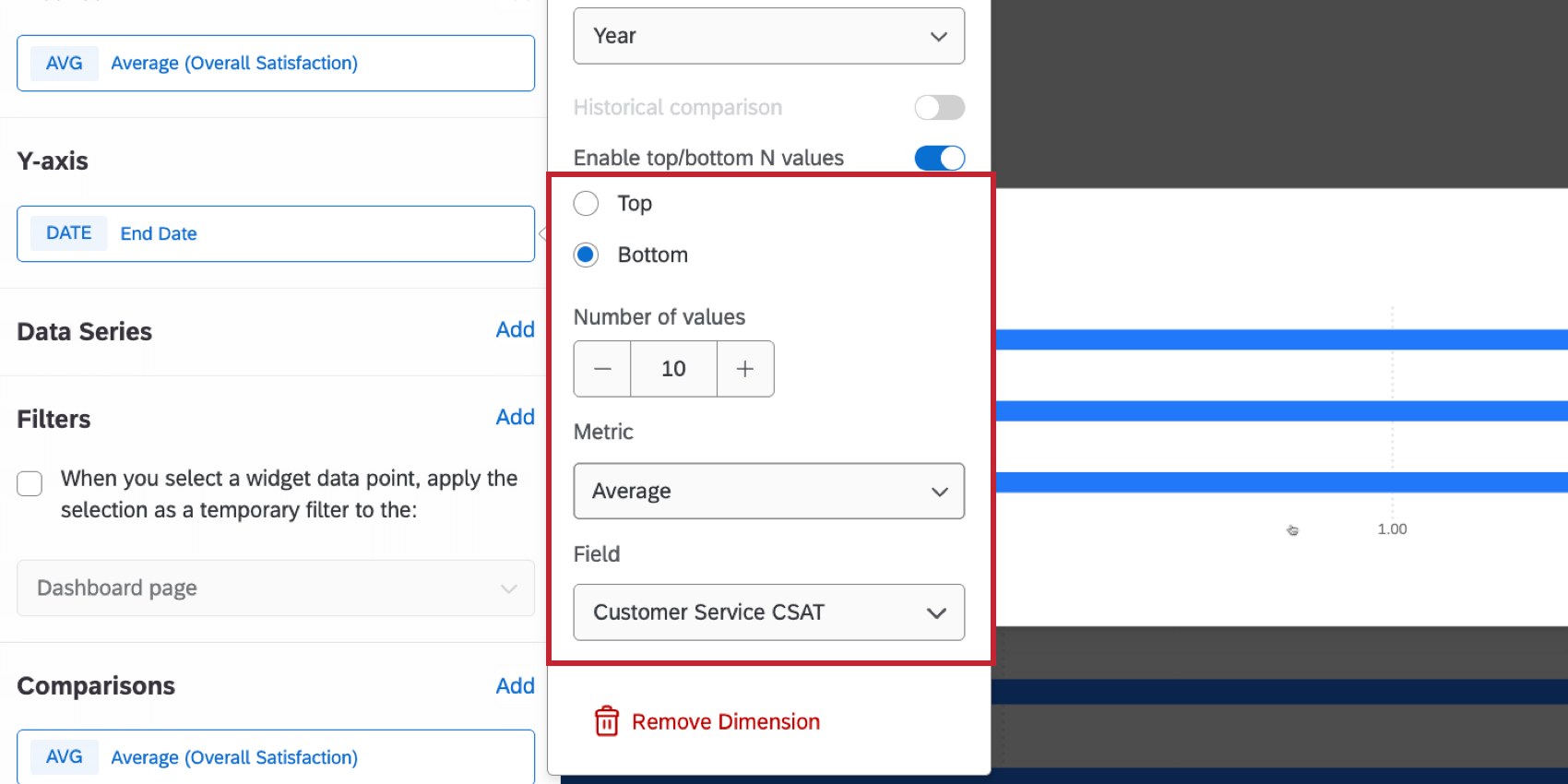 configurer le widget pour quil naffiche que les données relatives aux 10 notes CSAT moyennes les plus basses