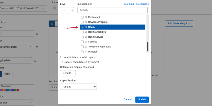 Habitación seleccionada en la lista de inclusión de temas