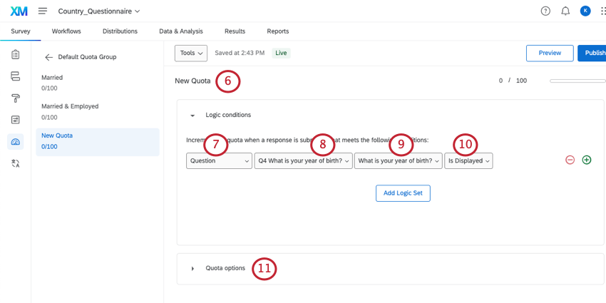 Setting quota conditions