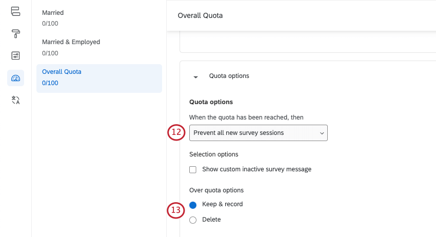 Configuração das opções de cota