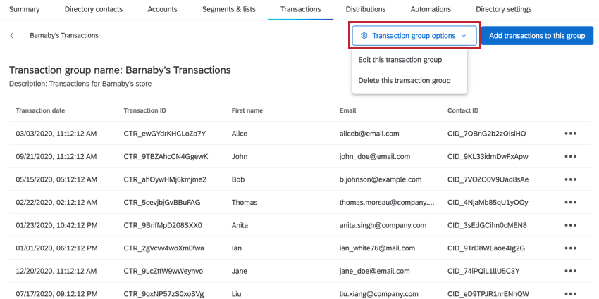 the transactions group dropdown