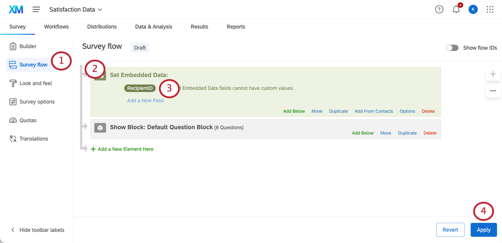 Adding RecipientID embedded data to the survey flow