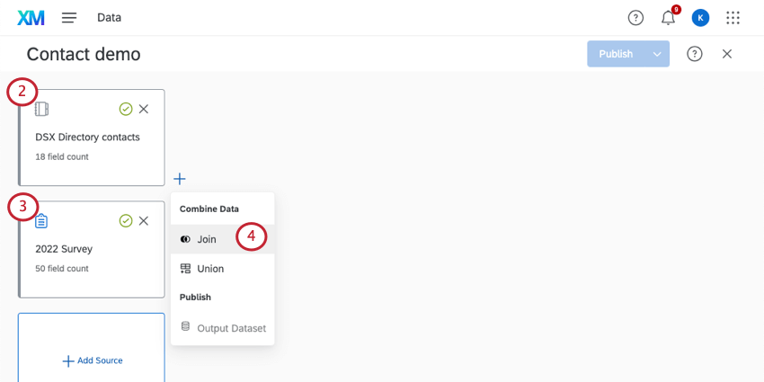 Clicking the plus next to a data model source reveals a menu where you can select Joins