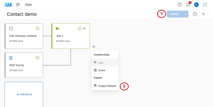 clicking plus next to a join reveals an output dataset option