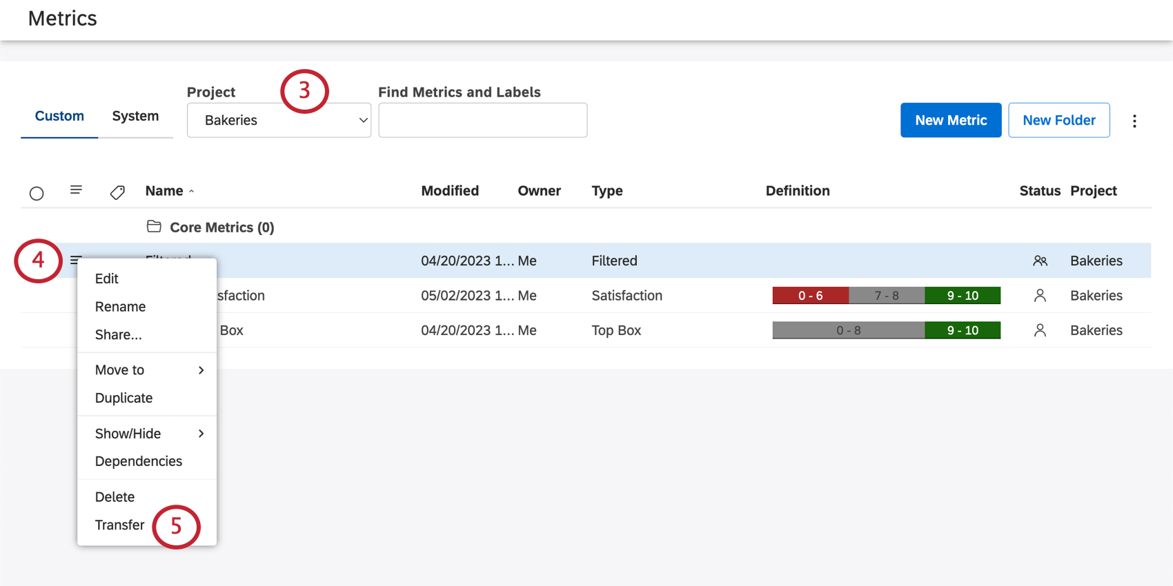 dropdown next to a metric expanded
