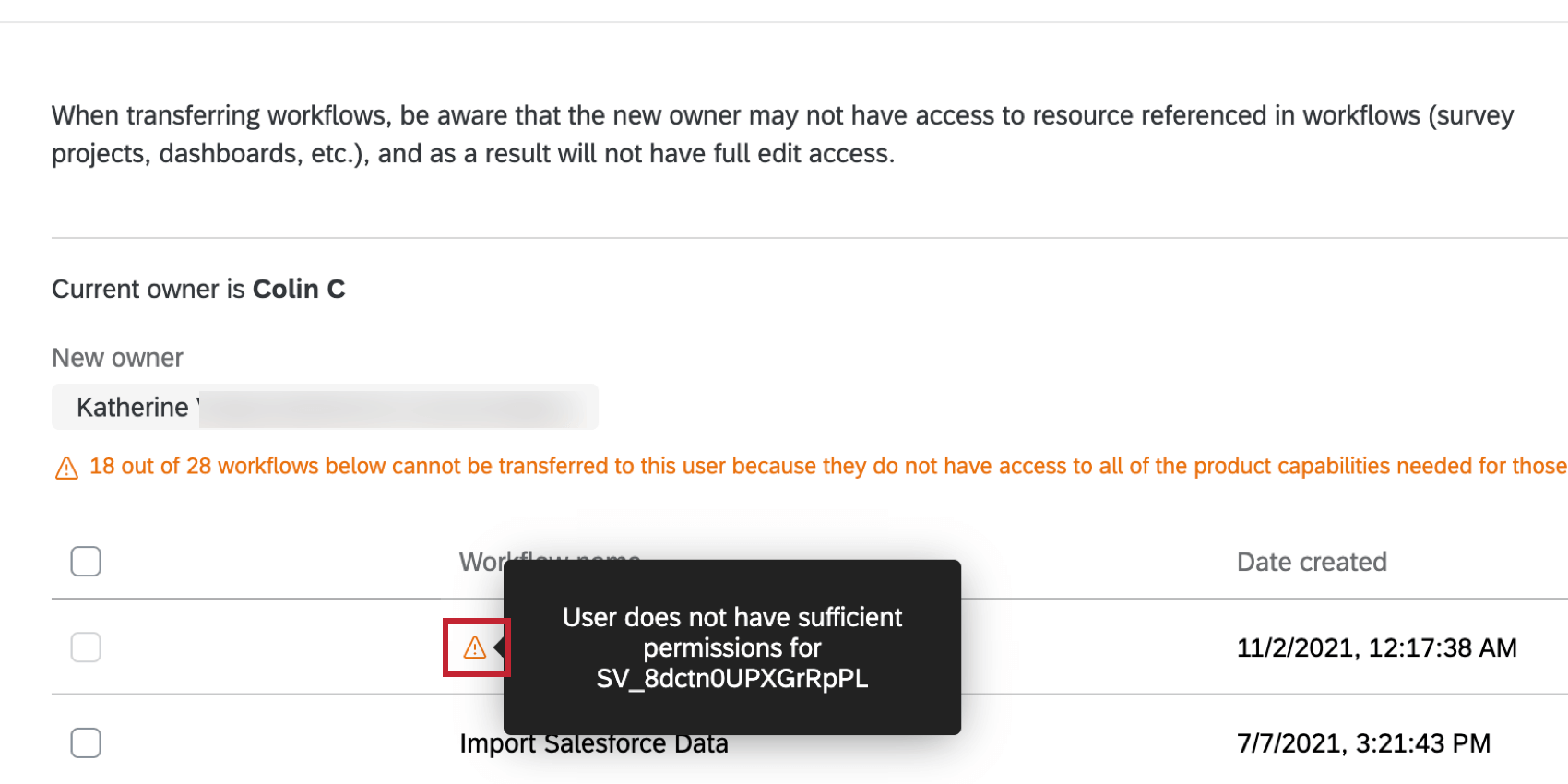 clicking the yellow triangle next to a workflow name to see why it cant be transferred