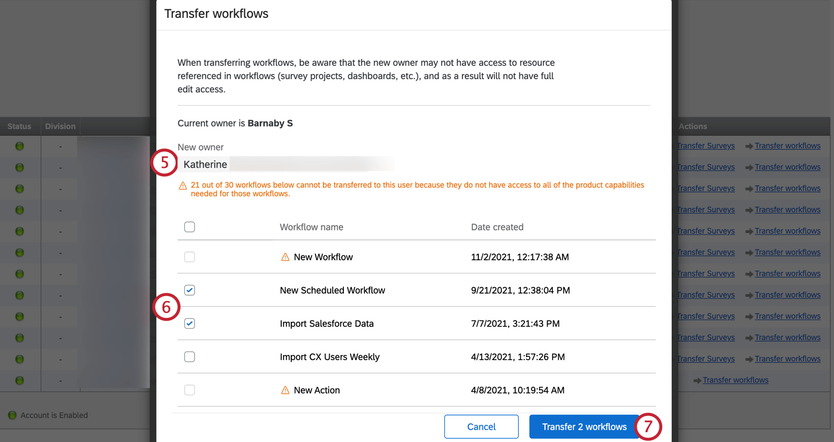 Auswahl des zu übertragenden Benutzers und der zu übertragenden Workflows