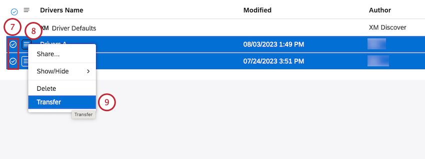 Clique no menu de ações avançar do driver. Marque a caixa de seleção ao lado de cada um dos drivers que você deseja transferir para transferir mais de um driver de uma vez. Clique em Transferir.
