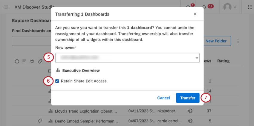 nova janela na qual você seleciona um novo proprietário