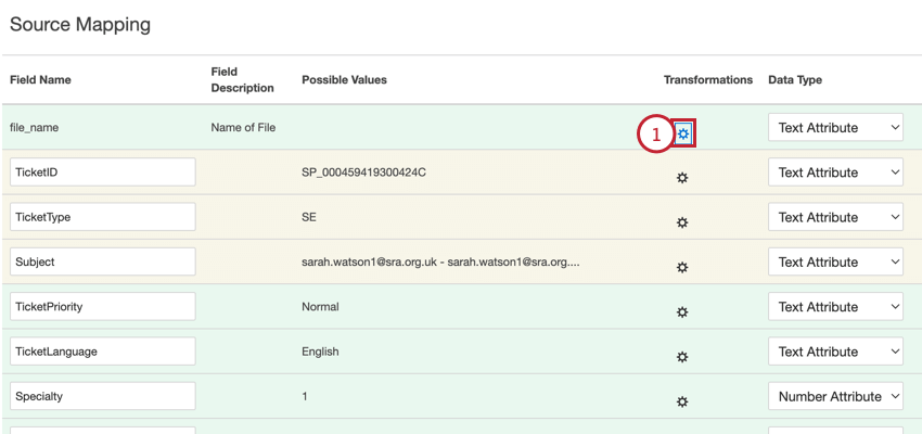 clicking the gear icon in the transformations column when mapping data