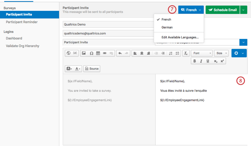 Dropdown-Liste für die Sprachauswahl weiter der Drucktaste E-Mail Plan. Rich content editor der E-Mail auf der rechten Seite, in der Sie übersetztes Material eingeben