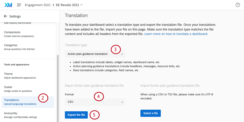naviguer vers longlet traductions et exporter une feuille de calcul