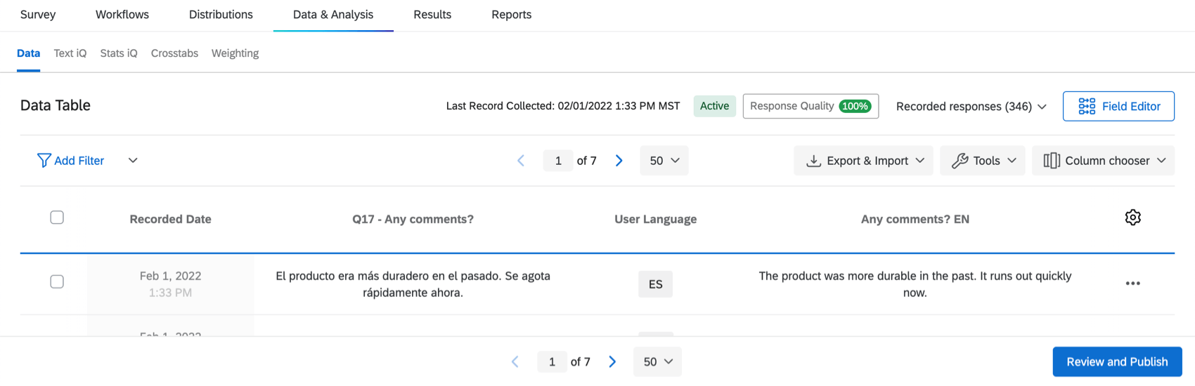 Data & Analysis tab with translated text responses displayed below
