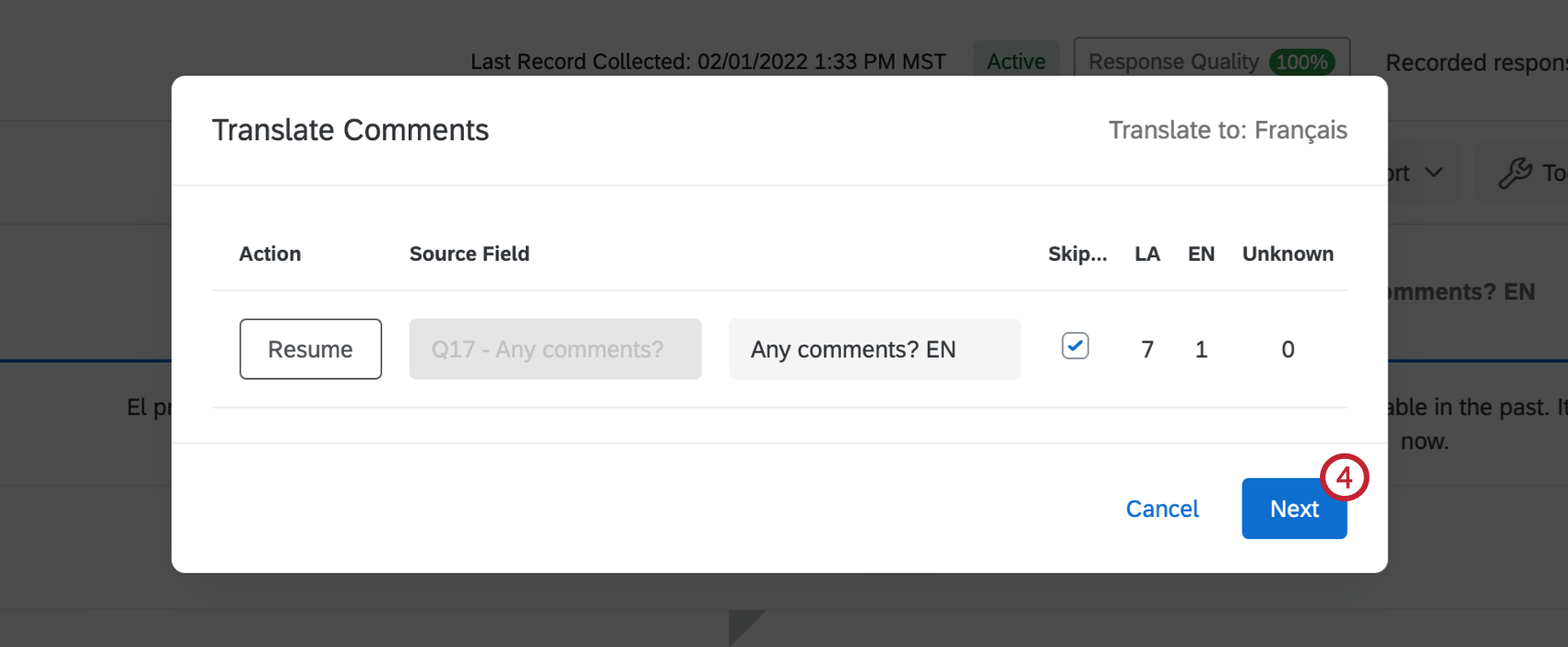 Next button on lower-right of the Translate Comments window