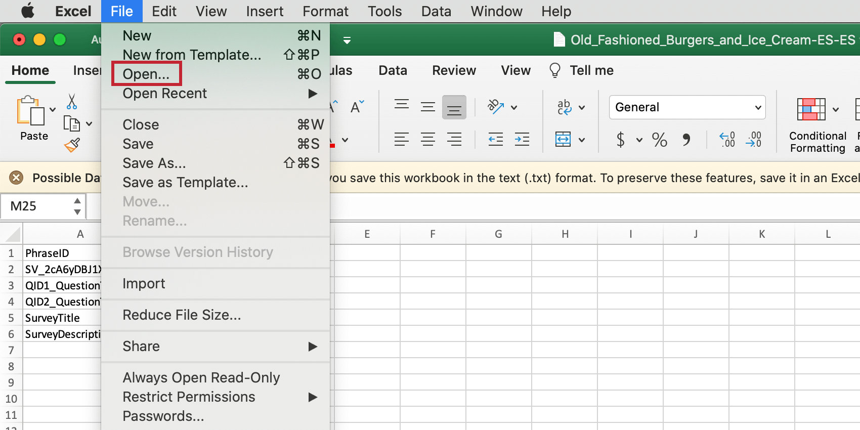ファイルに移動して Excel で開く