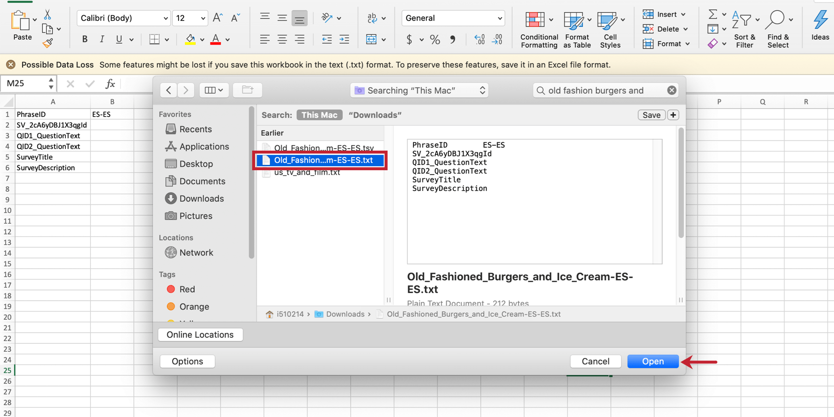 Abrir un archivo de Excel de txt