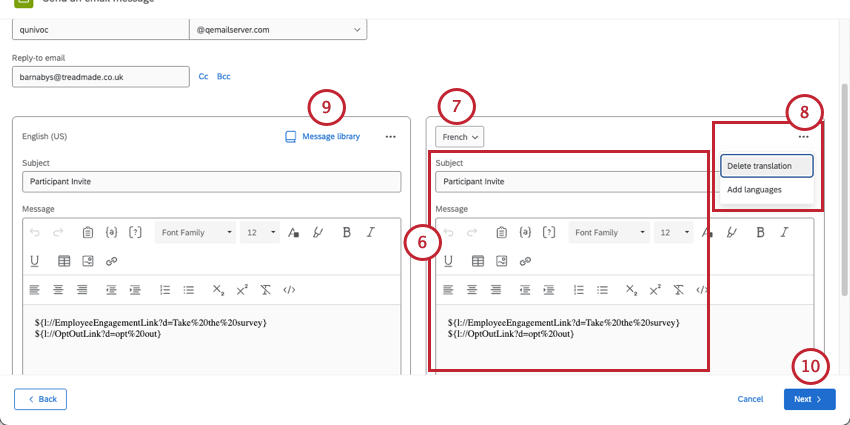 El correo electrónico original y la traducción aparecen tabla combinada en el editor.