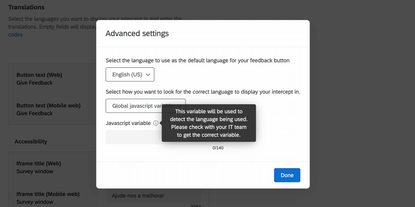 Uso de una variable de Javascript en la configuración avanzada
