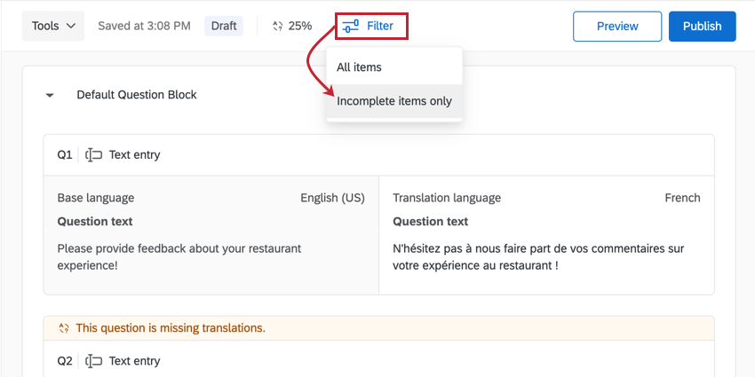 utiliser le filtre pour sélectionner uniquement les éléments incomplets