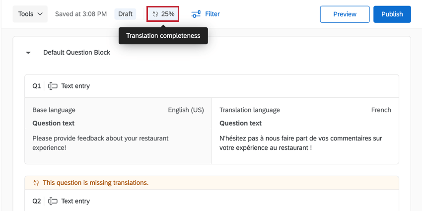 pourcentage indiquant lavancement de la traduction