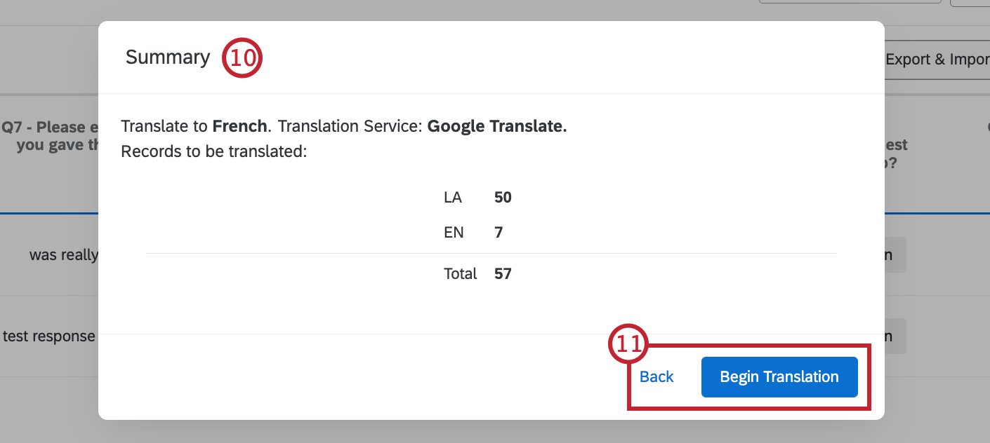 Summary window listing translations generated
