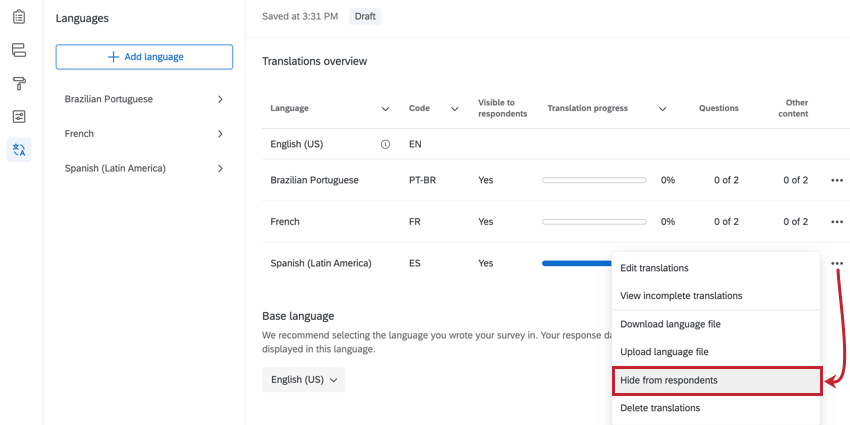 sélection de l’option Masquer aux répondants pour désactiver une traduction