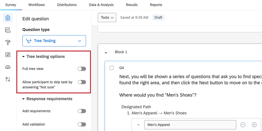 the customization options for tree testing questions