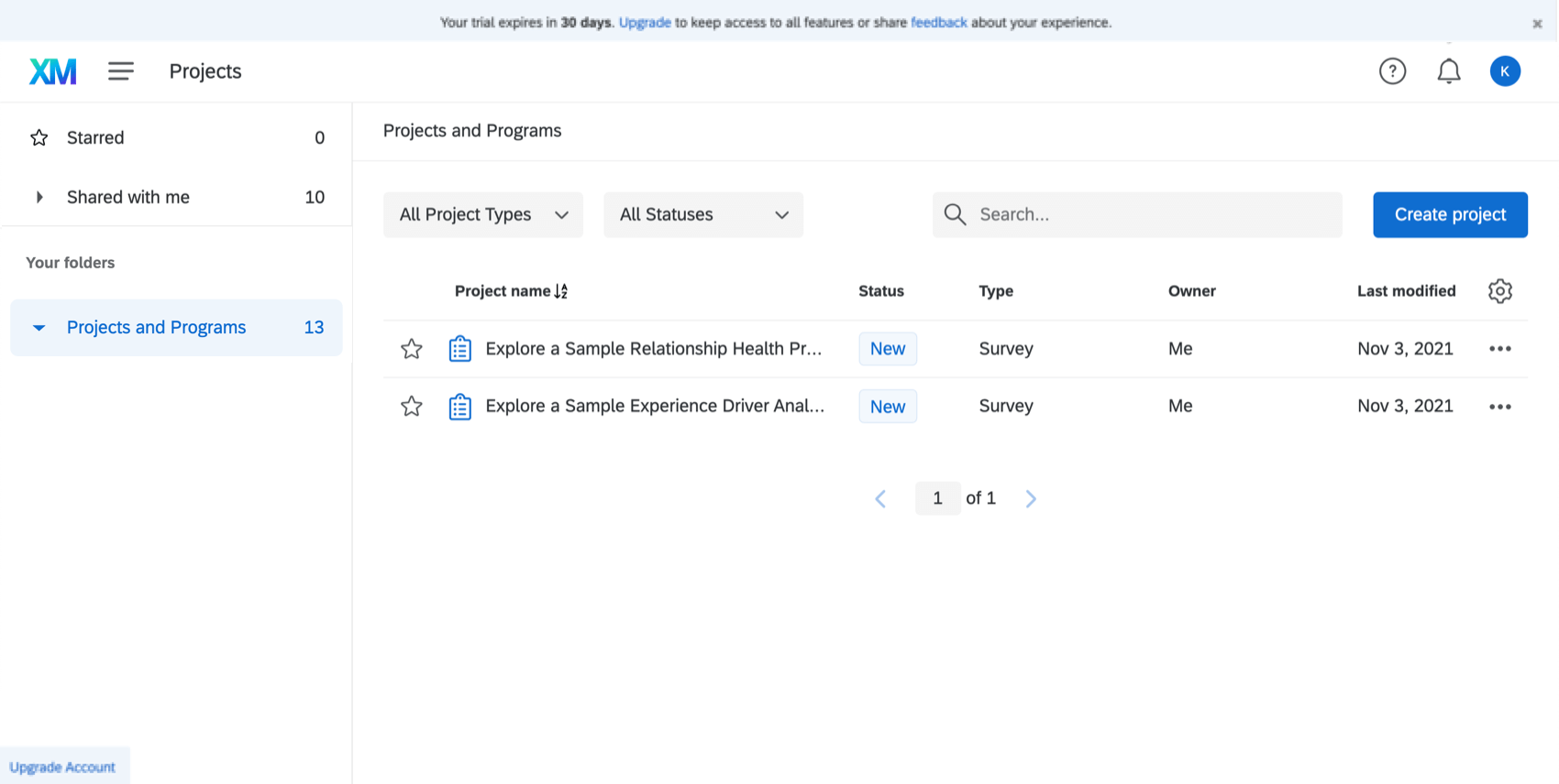 Bild eines Benutzerkonto, in dem die Testversion mit zwei Projekte aktiviert wurde. Sie tragen den Namen Explore a Stichprobe Beziehung Health Project by qualtrics und Explore a Stichprobe Experience Driver Analysis by qualtrics