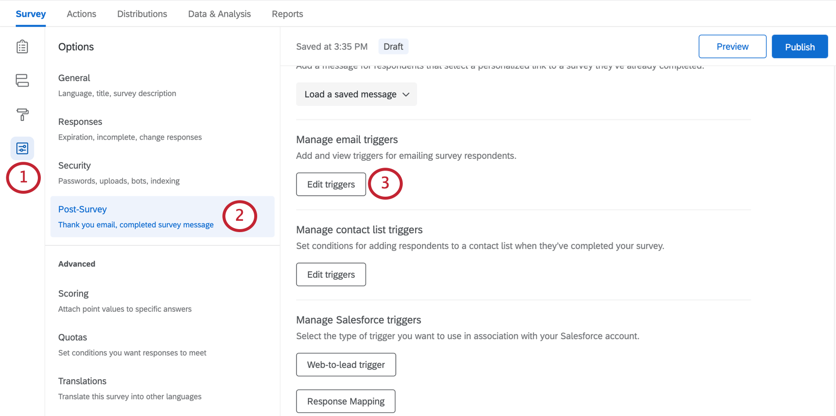 Post survey section of survey options, where you can find triggers