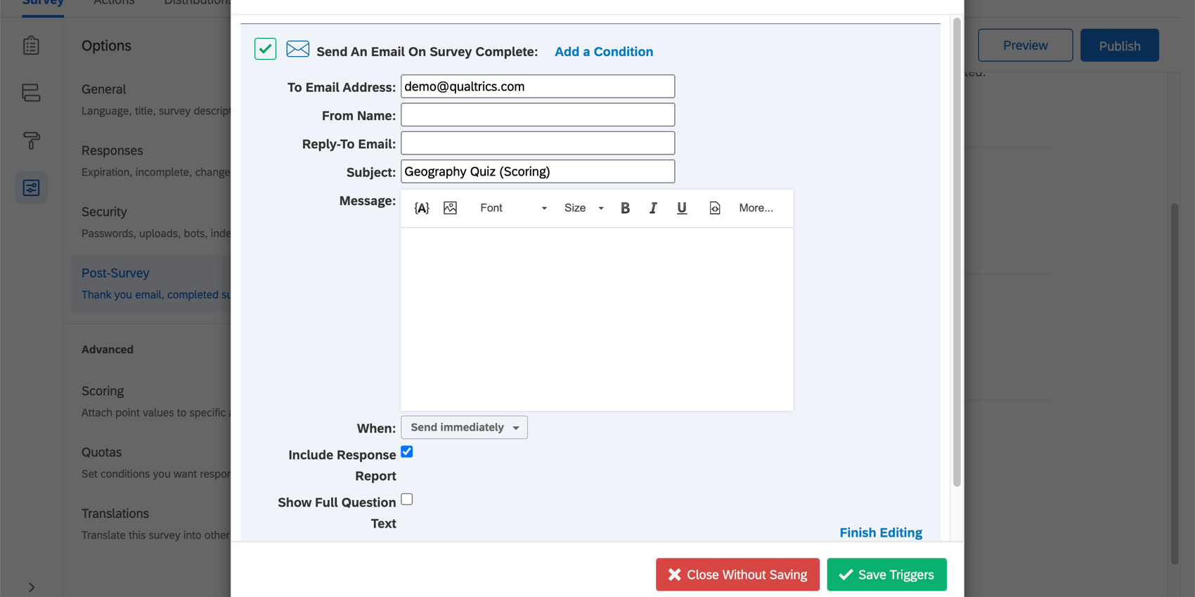 Fenêtre des déclencheurs e-mail