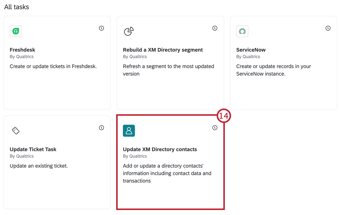 sélection de la tâche Mise à jour des contacts du Répertoire XM dans les flux de travail