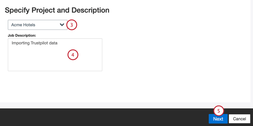 selecionar um projeto e inserir uma descrição