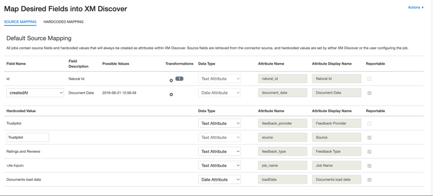the default fields for a Trustpilot job