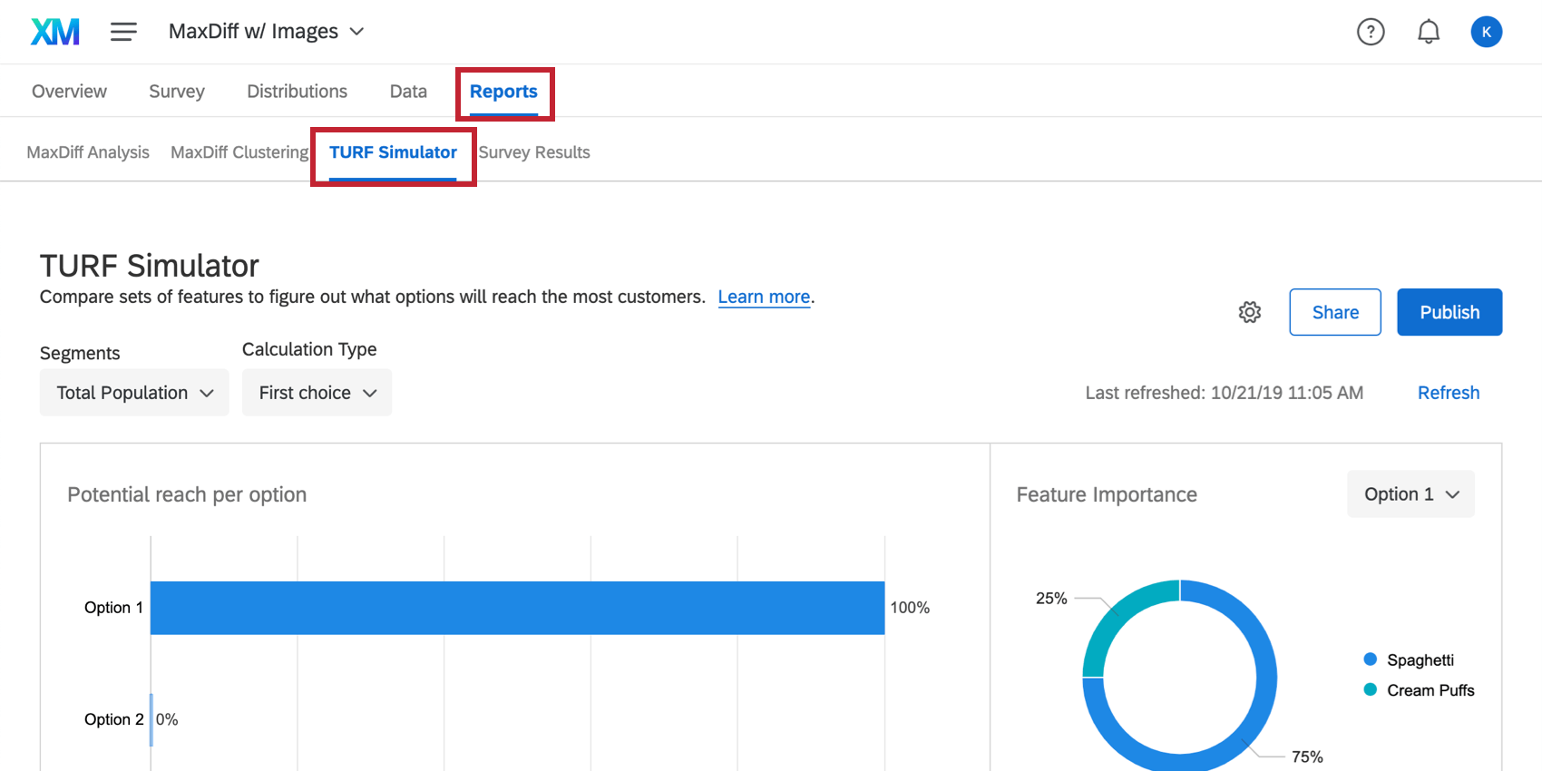 La pestaña del simulador de césped de un proyecto maxdiff