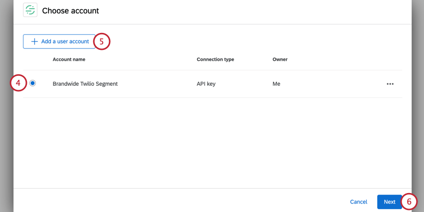 choisir un compte twilio segment, ou en ajouter un nouveau