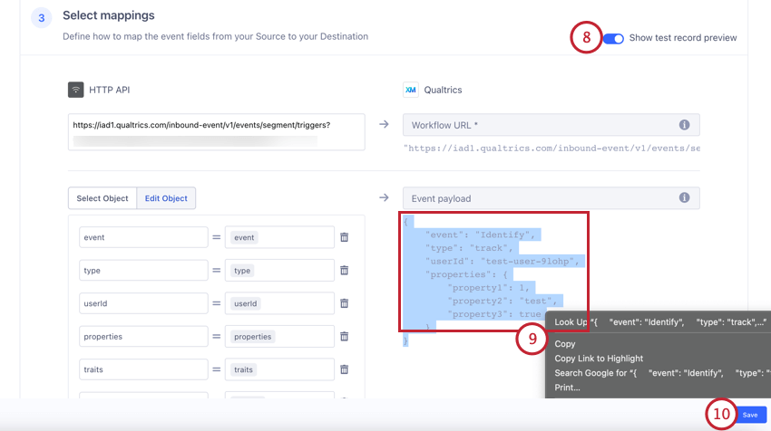 テスト・プレビューを有効にし、Jsonペイロードをコピーする。